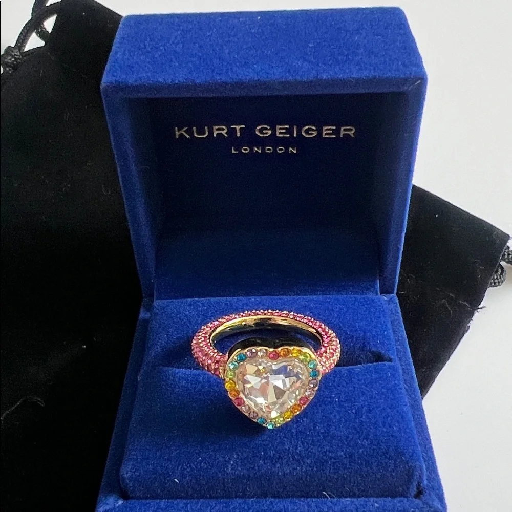 NIB Kurt Geiger London Rainbow Crystal Heart Cocktail Ring – Gold Tone/Pink - Picture 5 of 12
